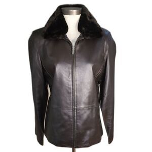 Vintage Blassport Faux Fur Collar Dark Brown Leather Jacket Size L